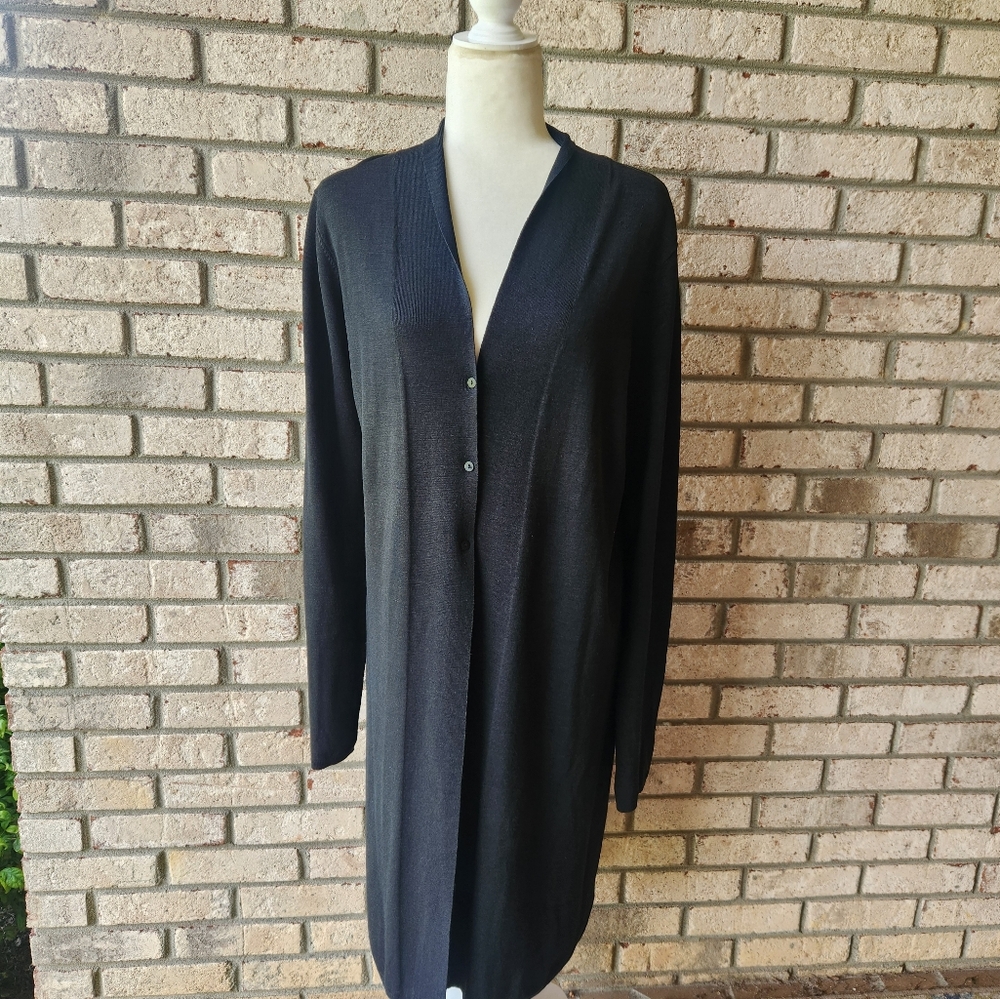 Eileen Fisher black long 3 button silk blend cardigan M - Picture 5 of 16